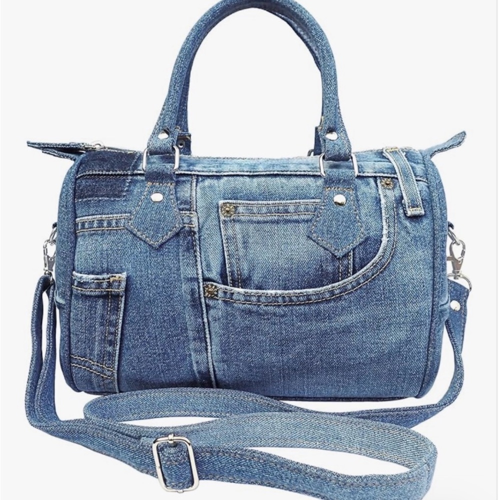 Denim Barrel Satchel Bag - Blue